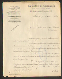 PARIS (II°) BANQUE "LE CREDIT DU COMMERCE / Agence Jules GRANGER" en 1892
