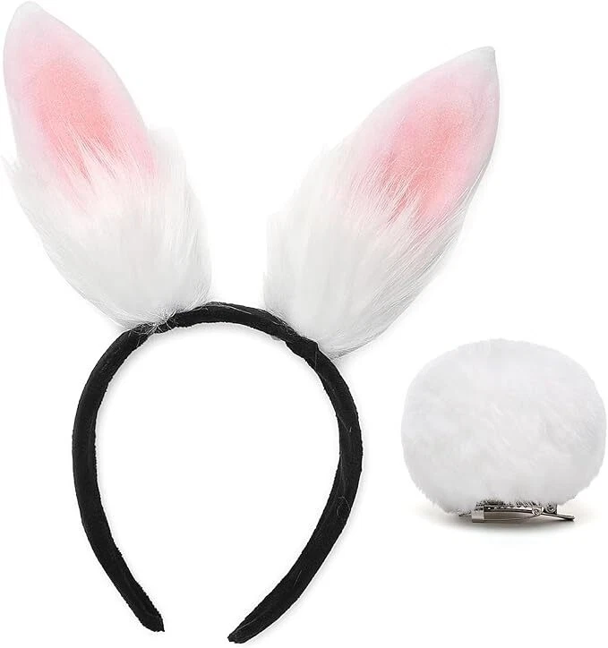 Bunny Ears Headband Bunny Tail Halloween Easter Bunny Furry Ears Cosplay Whi - Image 1 of 1