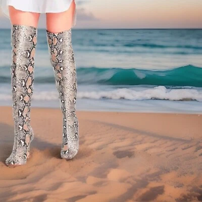 Moda Nova 11M Beige Imitación Serpiente Muslo Bota Punta Stiletto Sobre la Rodilla Foto 1 de 4