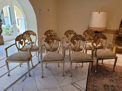 EIGHT VINTAGE 70'S ITALIAN SILVER AND GOLD GILT FLORAL BACK DINING CHAIRS Cover