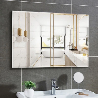 Large Rectangle Bevelled Glass Frameless Mirror Stick on Wall Bathroom Mirror - Image 1 of 4