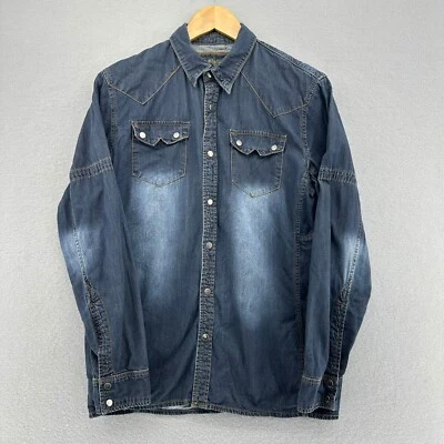 Camisa jeans Y2K Carreli jeans ocidental manga longa botão de pressão azul tamanho G - Imagem 1 de 4