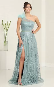 May Queen MQ2024 A-Line Feather Prom Long Gown - Picture 1 of 9