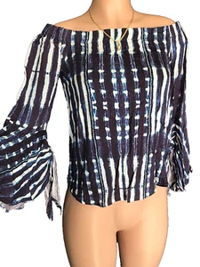 NEW! MISS ME Womens XS off the shoulders navy flared cuffs w/ties Viscose top - Picture 1 of 5