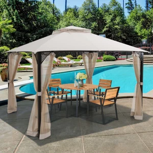 12' X 10' Outdoor Patio Gazebo Canopy Shelter Double Top Sidewalls Netting Beige - Picture 1 of 12