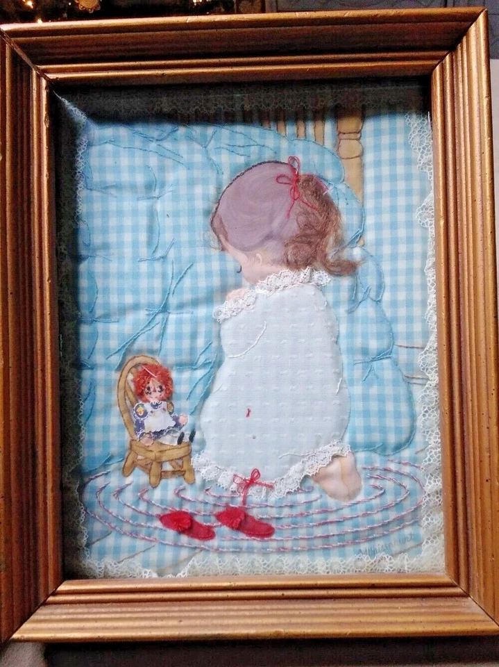 Vtg Framed Embroidered Stitch Raggedy Ann & Little Girl Praying Signed 10"×8.5" - Image 1 of 4