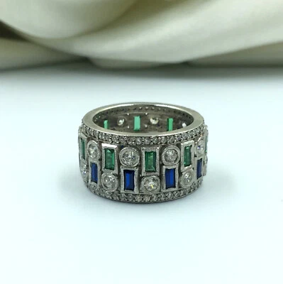 Banda vintage de plata verde esmeralda, zafiro azul y circonita cúbica 935 (tamaño 9,5) Foto 1 de 4