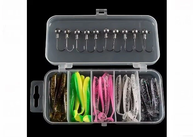Set 35 St Gummifische mit  Jigköpfe und Box Hecht Zander Barsch Kunstköder.. - Bild 1 von 2