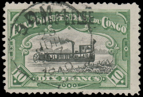 BELGIAN CONGO 1908 10fr YELLOW GREEN BLACK HANDSTAMPED OVERPRINT USED #40b Boma Cover