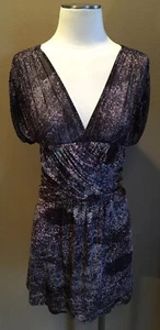 Tracy Reese NY M Black & Purple Print V Neck Cocktail Dress W Gathered Waist - Picture 1 of 10