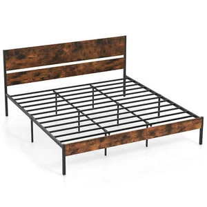 King Size Bed Frame w/ Wooden Headboard Under-Bed Storage No Box Spring Needed - Picture 1 of 11
