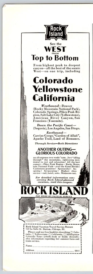 1929 Print Ad Rock Island Railroad See The West From Top to Bottom Colorado - Image 1 of 1
