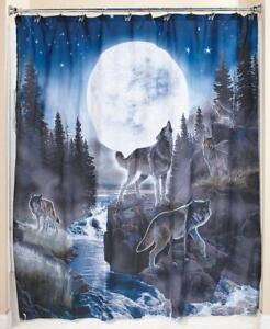 Wolf Howling At The Moon Shower Curtain & Hooks Wildlife Cabin Evergreen Curtain