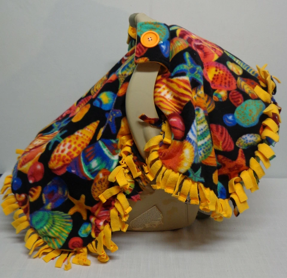 Rainbow Shells / Yellow Fleece Infant/ Baby Car Seat Canopy/ Tent/Cover Handmade - Image 1 of 4