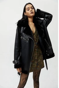 Urban Outfitters By Avec Les Filles Oversized Biker Jacket Vegan Leather Black L - Picture 1 of 10