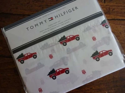 TOMMY HILFIGER RED TRUCK CHRISTMAS Tree Logo QUEEN SHEET SET - Image 1 of 2