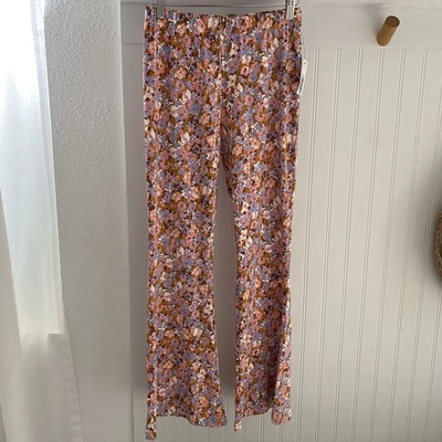 BILLABONG Women’s M Hang Loose Pants Pink Brown Floral Print Flare Bell Bottoms - Image 1 of 4