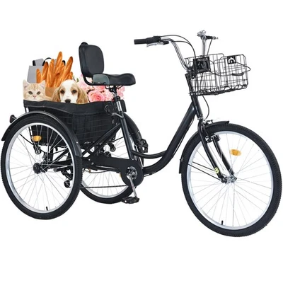 Взрослый 3-колесный трехколесный велосипед 26 дюймов 7 зубчатых колес, с 2 большими корзинами для покупок продуктов, черный - Изображение 1 из 4