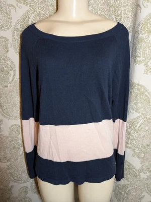 VTG United Colors Of Benetton Womens Navy Blue Pink Stripe Pullover Sweater Sz L - Image 1 of 4