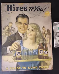 rare Original 1940s vintage HIRES to You! Root Beer Cardboard SIGN Bottles/Tray - Picture 1 of 9