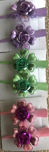 Retro 6 Pieces HAIR CLIPS SLIDE PINK/PURPLE/GREEN 3D FLOWER Metal GLITTER BNIP - Picture 1 of 12