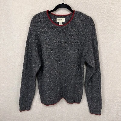 复古 Eddie Bauer 毛衣男式 M 灰色红色装饰羊毛丝绸混纺渔夫爷爷 — 第 1/4 张图片