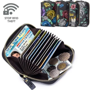 RFID Blocking Women Small Leather Wallet Credit Card Holder Zipper Card Case - Picture 1 of 20