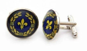 Gascoigne Fleur de Lis Cufflinks Blue Yellow Silver Zinc Alloy Men's - Picture 1 of 2