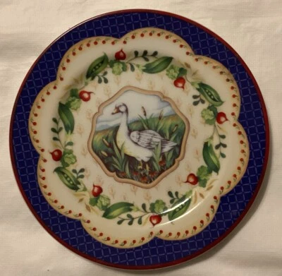 "Plato de ganso blanco Le Jardan Suzanne Nicoll 8"" con borde azul remolacha roja gr guisantes" Foto 1 de 4