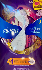 Always Radiant FlexFoam 28 Pads OVERNIGHT SIZE 4 scented PRINTED 12hr Leakguard