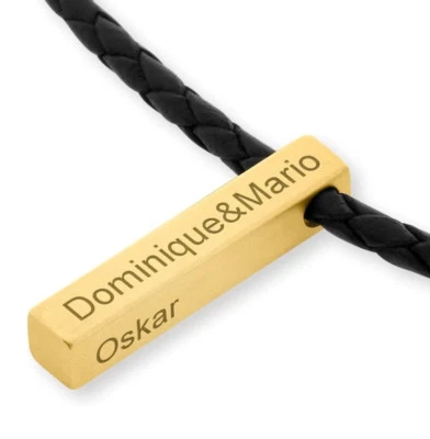 Lederkette für Herren Barrenkette mit Gravur Namenskette Geschenk Mann vergoldet - Bild 1 von 3