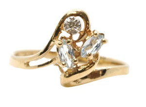 10k Yellow Gold Marquise Aquamarine Gemstone & Diamond Chip Right Hand Ring - Picture 1 of 7