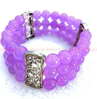 Brazalete elástico de plata tibetana con cuentas de alxeandrita púrpura de 3 filas de 8 mm de 7,5"" Foto 1 de 4