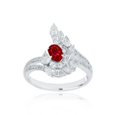 1.75 TCW Simulated Oval Red Ruby & Multi Cut White Sapphire Stylish Wedding Ring - Image 1 of 4