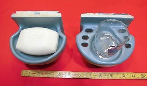 Vintage Matte Blue: Ceramic Sink Set soap dish & cup holder by American Olean - Picture 1 of 12