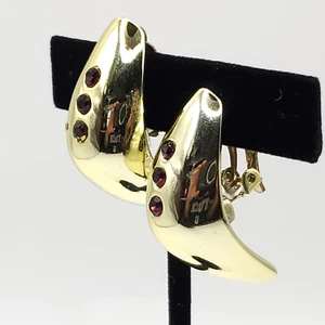 Retro Atomic Clip On Earrings Domed Half Moon Goldtone Red Rhinestone Space Age - Picture 1 of 6