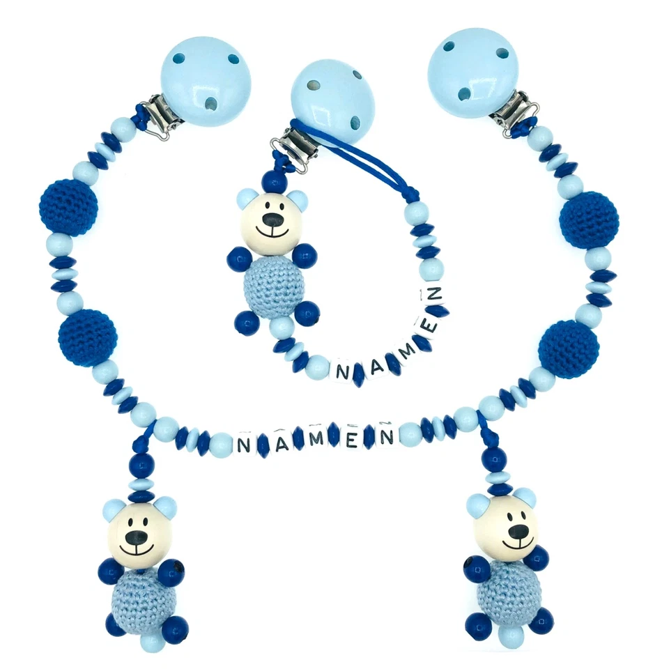 Set Schnuller- und Kinderwagenkette mit ihren Wunschnamen ❤️ 3D-BÄR ❤️ Unisex ❤️ - Bild 1 von 1
