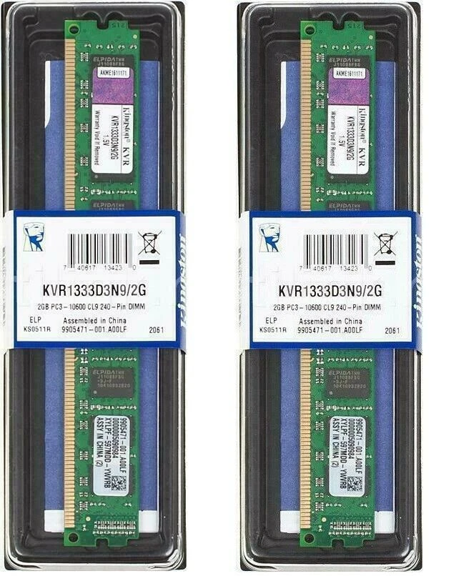  KINGSTON 4G 2x2GB Memoria Ram KVR1333D3N9/2G DDR3 2GB DESKTOP PC3-10600 1333Mhz - Immagine 1 di 1