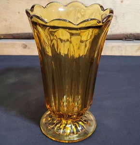 Amber Glass Vase Yellow Flared Scalloped Rim Footed Vtg 8.25"   Swanky Barn - Picture 1 of 12
