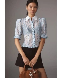 Anthropologie Polka Dot Sheer Blouse Size M Puff sleeved Collared Blue Grey - Picture 1 of 13