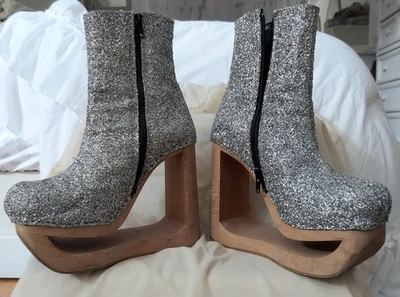 Botas de plataforma N.Y.L.A de colección raras años 90 plateadas brillantes y madera talla 7 Foto 1 de 4