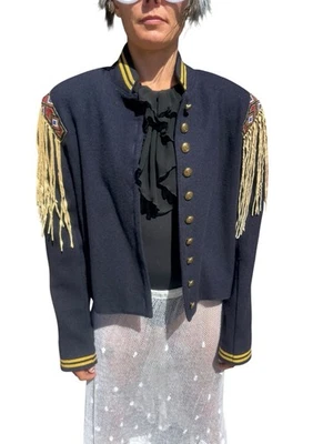 Double D Ranch L Navy Wool Fringe Jacket Tribal Embroidery Fringe Shoulders  - Image 1 of 4