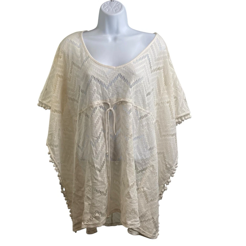 Poncho para mujer Miken blanco boho pompón cubierta talla S fluido playa piscina verano Foto 1 de 4