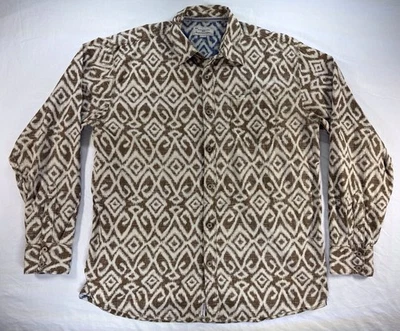 Honolua Men’s XL Shirt Brown White Ikat Tribal Print Long Sleeve Wooden Buttons - Image 1 of 4