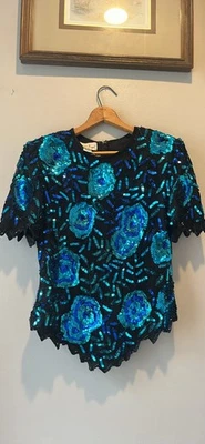 Top vintage azul lentejuelas cuentas años 80 talla grande Foto 1 de 4