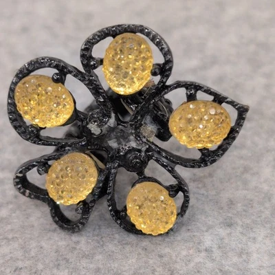 Anillo Flor Negro De Colección con Estrás Amarillo Banda Ajustable Para Mujer Declaración Foto 1 de 4