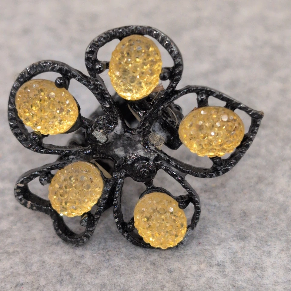 Anillo Flor Negro De Colección con Estrás Amarillo Banda Ajustable Para Mujer Declaración Foto 1 de 4
