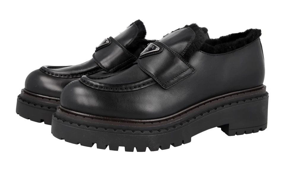 PRADA Double Chocolate SHEARLING FUR Loafer Shoes 1D246M - US 8.5 EU 38 5 39