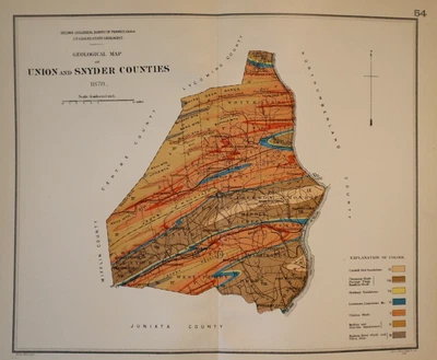 1885 Colored Geological Map - UNION & SNYDER COUNTY, PENNSYLVANIA (9x11)-#54 - Image 1 of 2