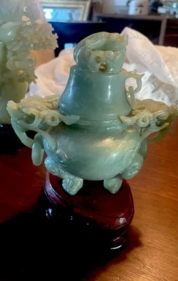 "Quemador de incienso dragón de jade verde tallado chino de colección en soporte con anillos 6,5"" OBO" Foto 1 de 4
